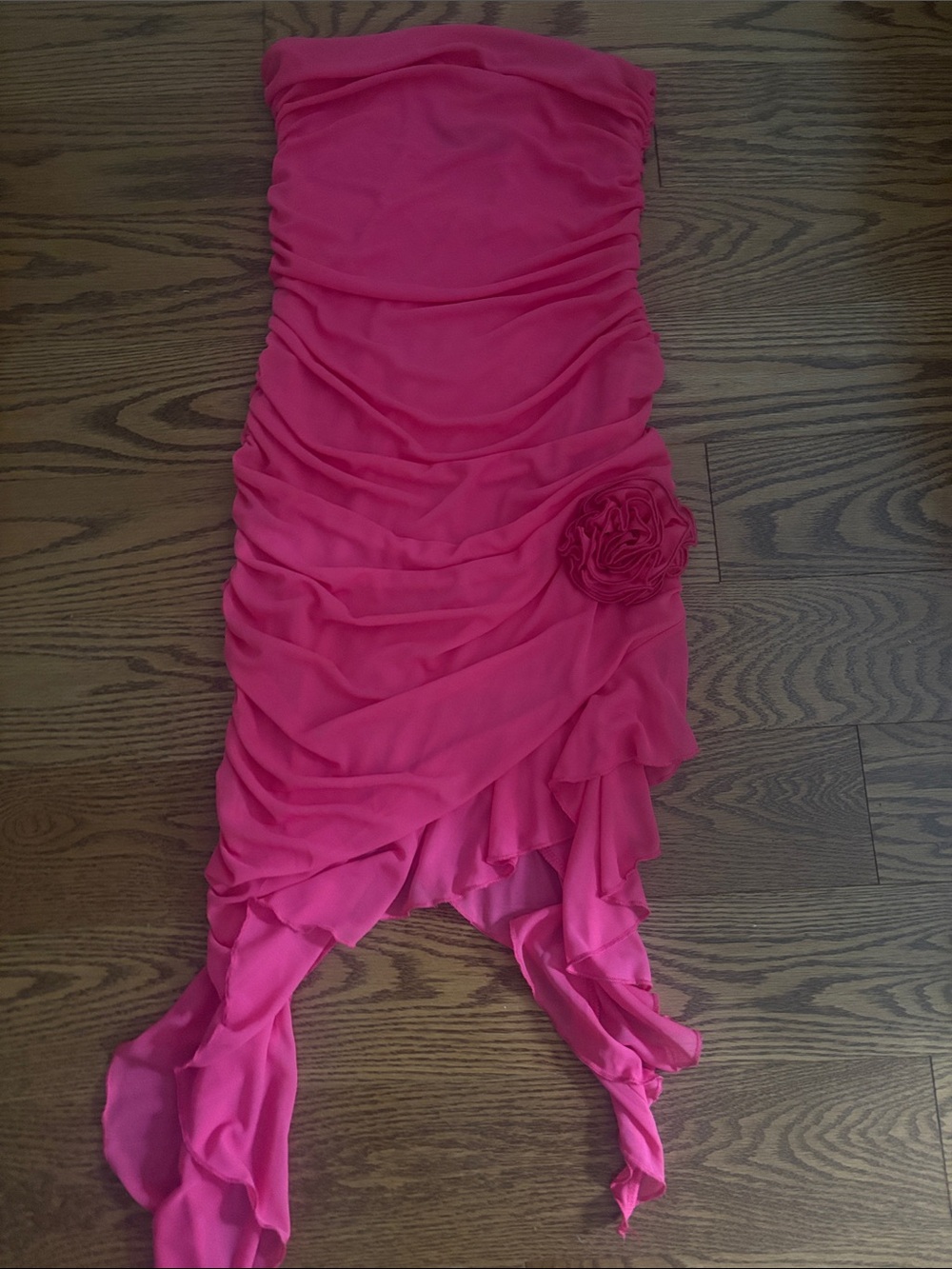 White Fox Boutique Strapless Hot Pink Ruched Cocktail Dress with Rosette